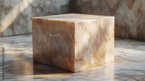 3d render, Product presentation, marble podium stand in a minimalist cube design, with smooth edges and subtle reflections  photo