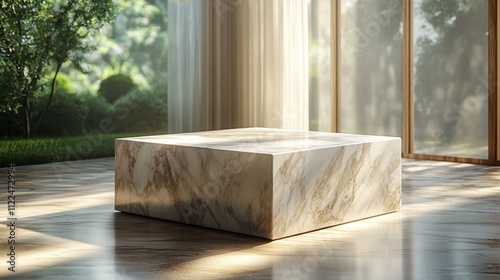 3d render, Product presentation, marble podium stand in a minimalist cube design, with smooth edges and subtle reflections  photo