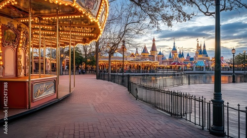 Colorful Carousel in Amusement Park at Dusk with Illuminated Lights photo