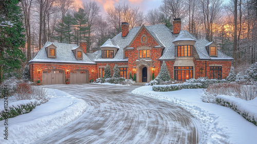 beautiful winter scene featuring large brick house surrounded by snow, with winding driveway leading to entrance. warm glow from windows contrasts with cold landscape, creating cozy atmosphere