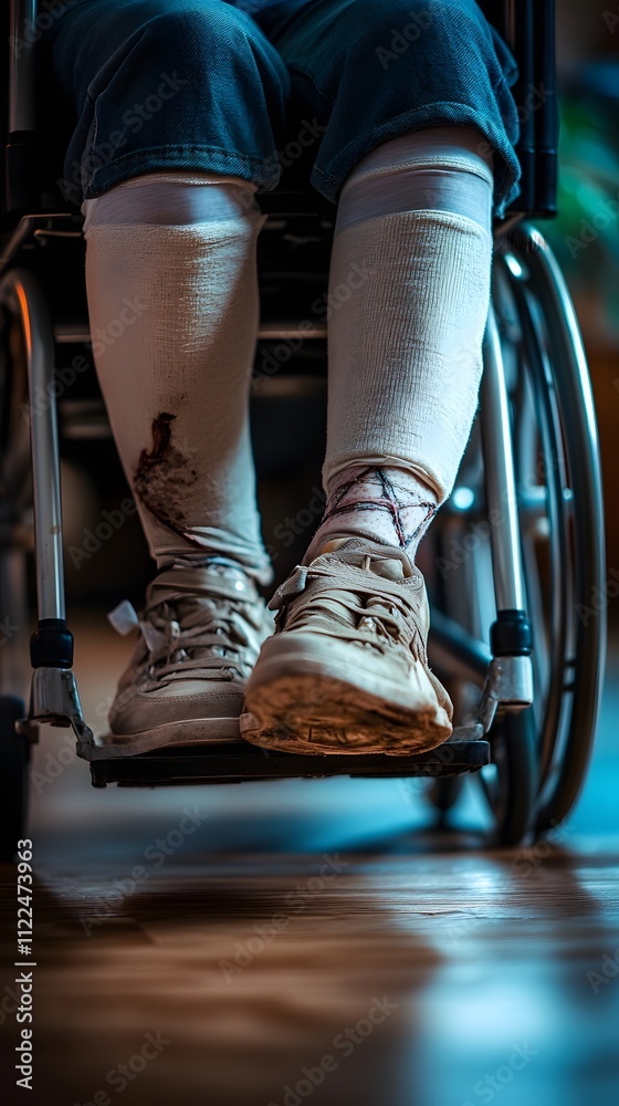 A person with a broken leg in a cast, sitting on a wheelchair in a rehabilitation center A person with a broken leg in a cast, sitting on a wheelchair in a rehabilitation center