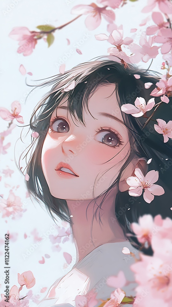 Fototapeta premium Beautiful girl surrounded by cherry blossoms.