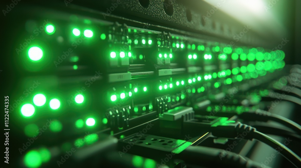 close-up of a telecommunication network switch with several ports, fiber optic cables connected, and green lights blinking close-up of a telecommunication network switch with several ports, fiber optic cables connected, and green lights blinking