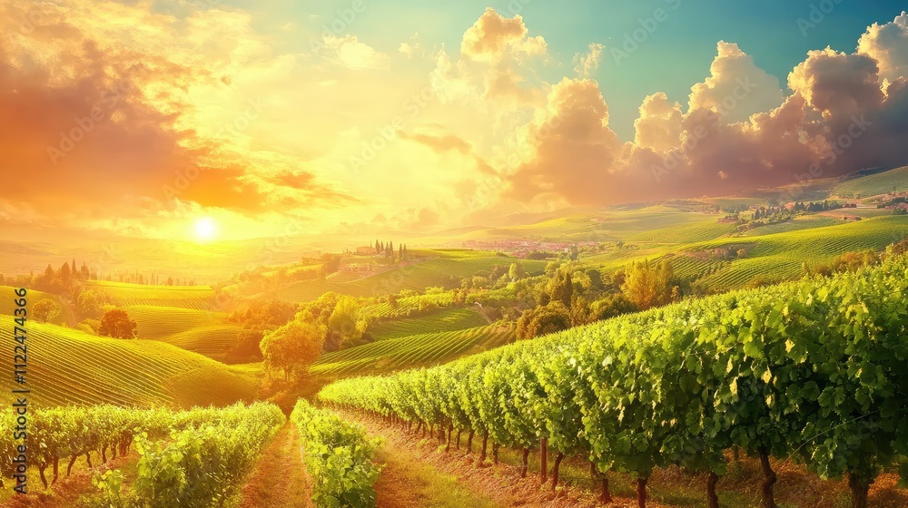 Fototapeta premium Scenic Vineyard Landscape at Sunset with Lush Green Hills