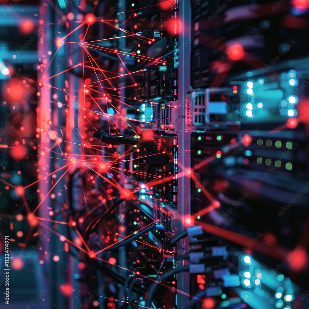 Fototapeta premium Wired internet connections with fast penetrating electric current to power all systems in the innovative internet center. Generative AI