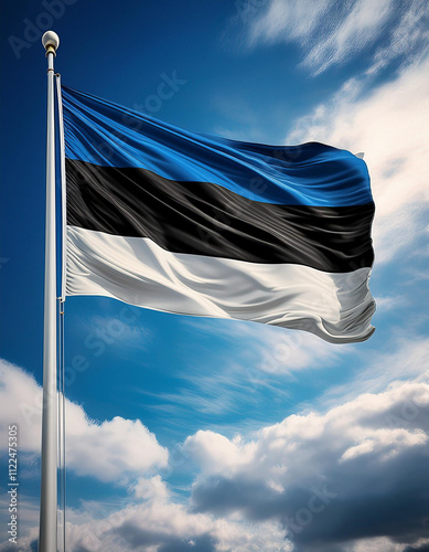 The flag of Estonia is a tricolour flag consisting of three equal horizontal bands of blue, black, and white, symbolizing freedom and national identity in the European country of Estonia. photo