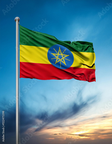 Ethiopia flag waving on sundown sky