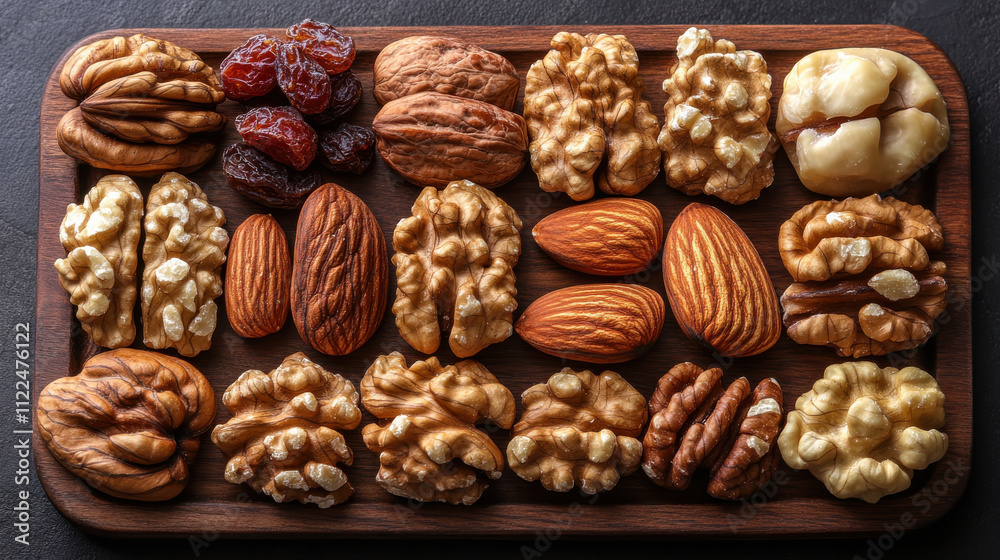 wooden platter filled with various nuts and dried fruits, including almonds, walnuts, and raisins, creates healthy and vibrant snack display wooden platter filled with various nuts and dried fruits, including almonds, walnuts, and raisins, creates healthy and vibrant snack display