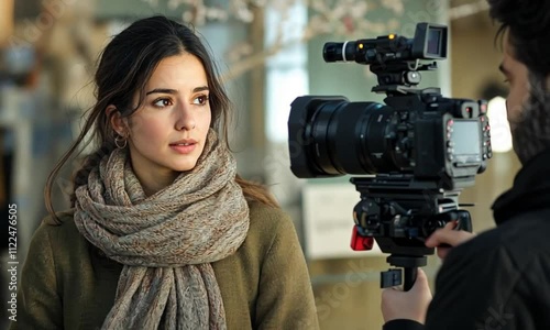 Female Director with Camera Operator on TV Series Filming Set with Cinematic Atmosphere