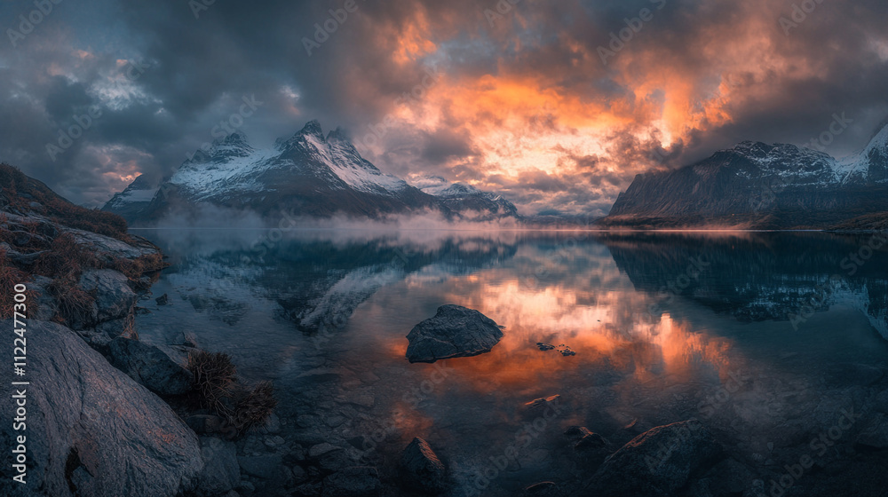 Fototapeta premium Stunning sunset over a serene lake surrounded by mountains and dramatic clouds