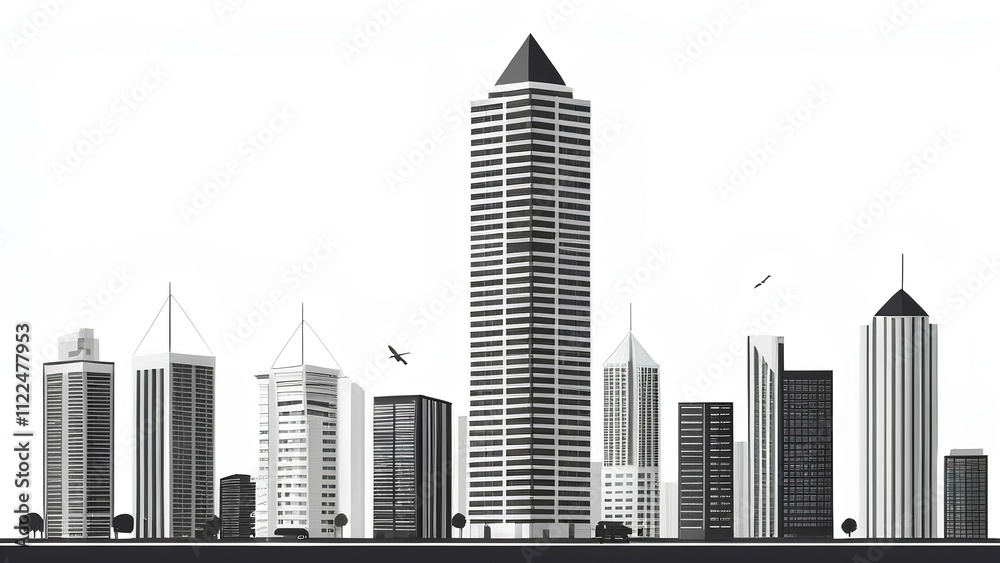 Fototapeta premium Black-and-white cityscape illustration with modern skyscrapers and minimalist detailing