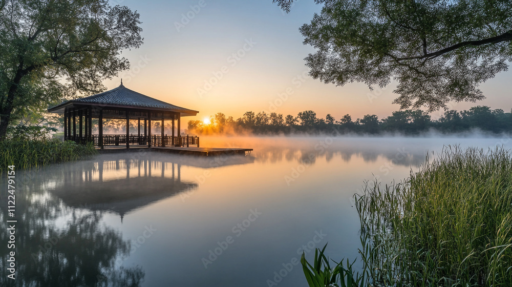 Obraz premium Sunrise over tranquil lake with gazebo and mist in serene natural setting