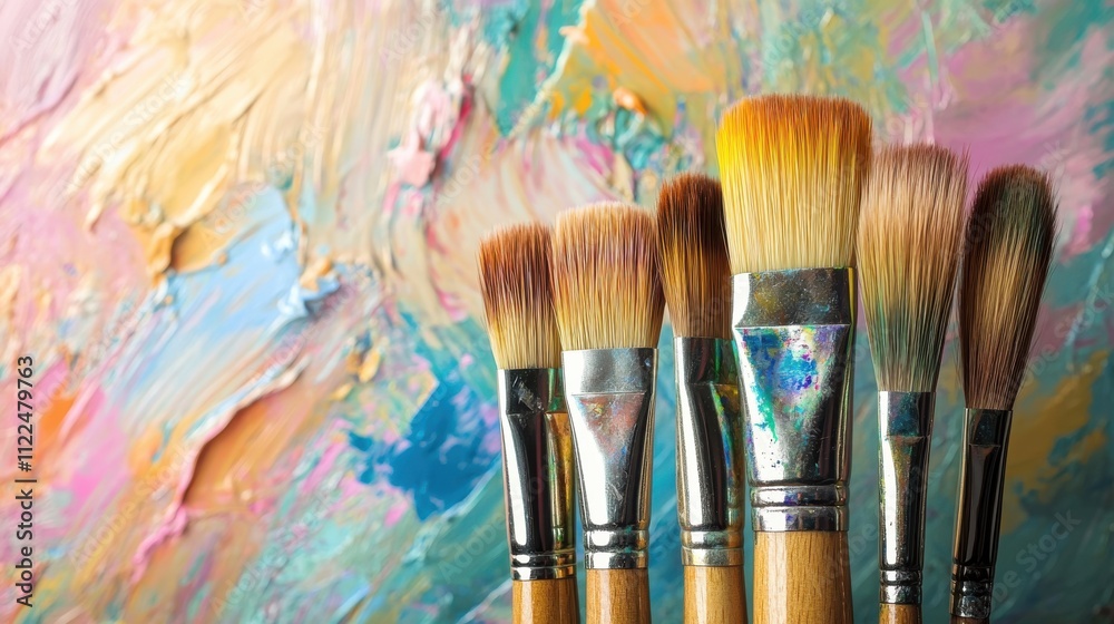 Fototapeta premium Oil painting brushes and applied oil paintings