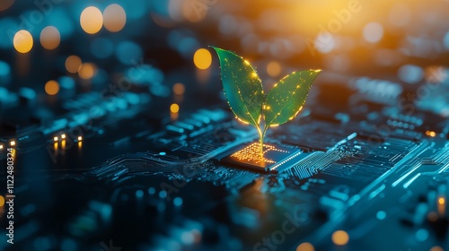 Glowing plant growing on computer chip symbolizing digital ecology and technology innovation photo