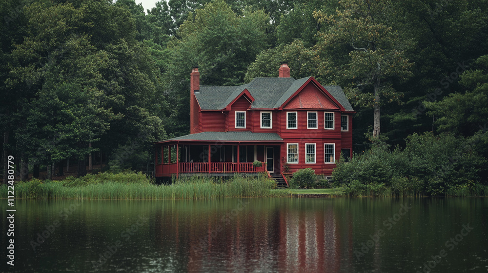 Obraz premium Red house by the calm lake surrounded by trees on a cloudy day in nature