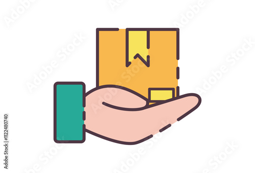 Package packet parcel icon illustration. Flat line color icon of a hand holding a package, symbolizing secure delivery and the e-commerce industry. Colored outline icon.