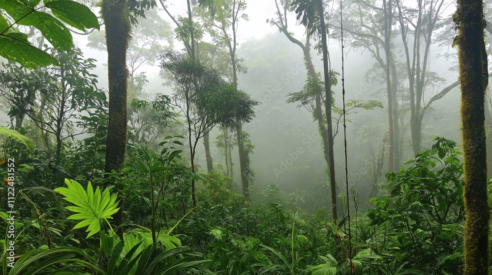 Fototapeta premium Misty Rainforest Enchantment: A Serene Walk Through Lush Green Canopy