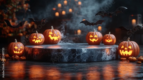 3D render of a marble podium stand surrounded by glowing pumpkins, flying bats, and intricate cobwebs, creating a spooky yet elegant Halloween theme  photo