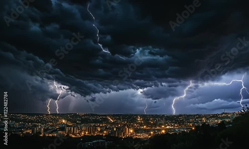 Dramatic Thunderstorm Over City with Lightning Strikes and Swirling Dark Clouds