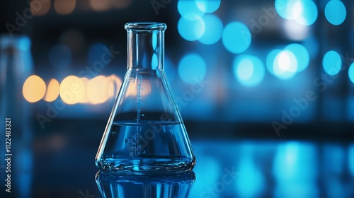 Glass flask with cylinder on laboratory table in blue science research environment photo