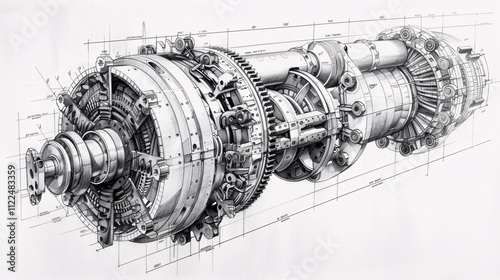 Detailed Cutaway Schematic Showing the Complex Inner Workings and Engineering of a High Performance Aircraft Turbine Engine Mechanism
