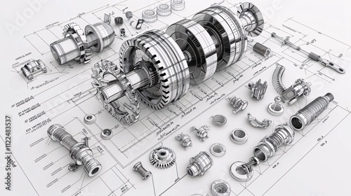 Detailed technical blueprint or schematic diagram of complex industrial machinery including intricate gears turbines engines and other mechanical components