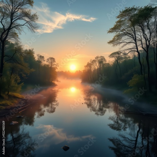 Serene river landscape, golden sunrise, misty water reflections, silhouetted trees, tranquil atmosphere, vibrant sky, nature photography, high-resolution image, photorealistic, dramatic lighting, symm photo