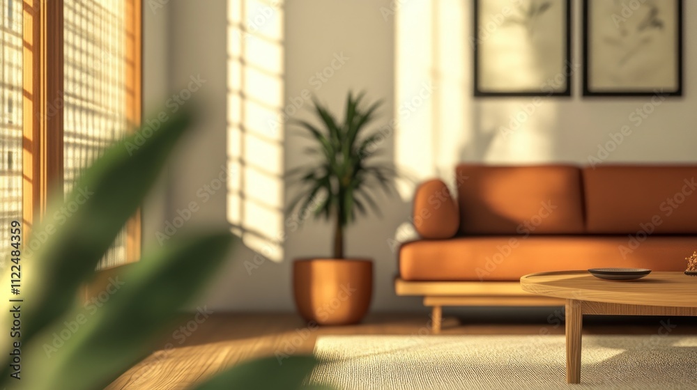 Fototapeta premium Serene Minimalist Living Room with Warm Sunlight