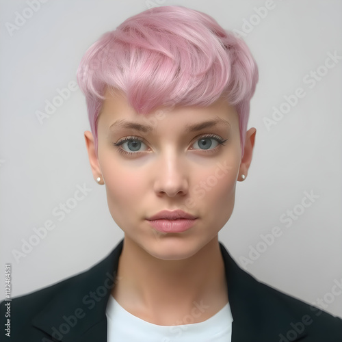 Jovial  mujer de cabello rosado y ojos magnéticos, luciendo un corte atrevido. photo