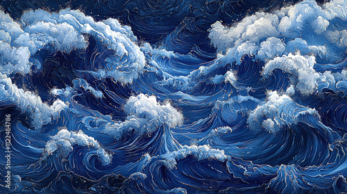 Majestic Waves and Clouds in Turquoise and Navy Blue Ocean Scene photo