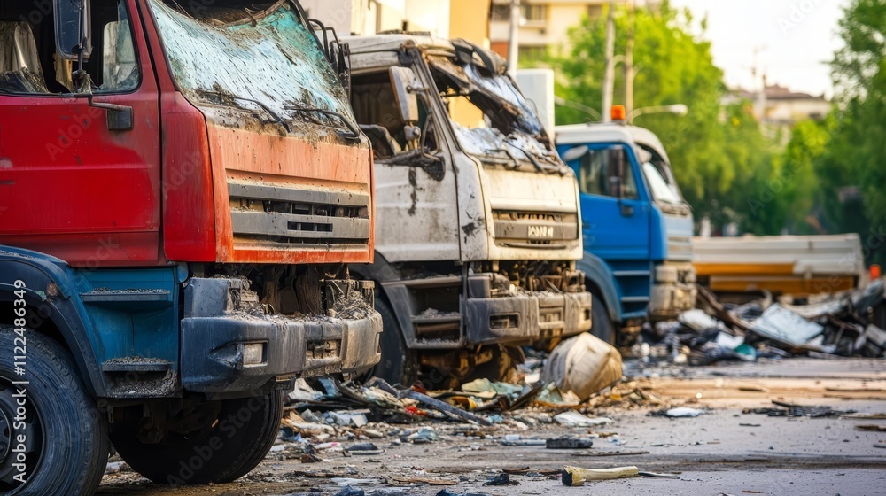 Fototapeta premium Empty damaged trucks scattered on a desolate street, symbolizing the aftermath of a crisis and the need for resilience and rebuilding.