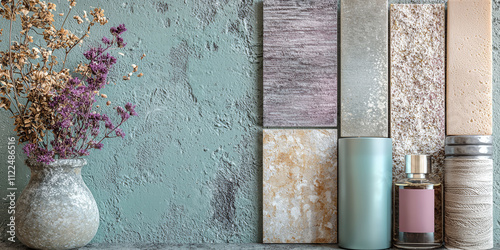 A vase with purple flowers sits on a table next to a wall with a green background. The vase is the focal point of the image, and the flowers add a touch of color and life to the scene