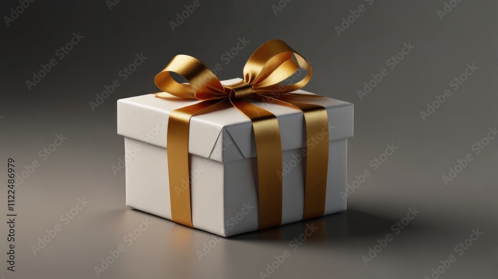 Fototapeta premium A white gift box tied with a luxurious gold ribbon, perfect for holiday celebrations.