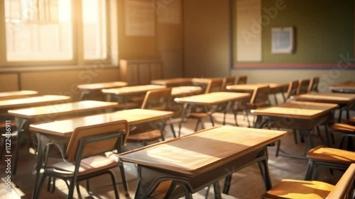 Wallpaper Mural Empty study area within an educational facility, basking in the warm embrace of natural sunlight, representing the ideals of schools and the process of learning. Generative AI Torontodigital.ca