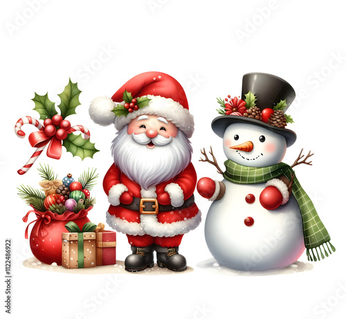 Transparent background watercolor illustration of Santa snowman and kids in Christmas eve
