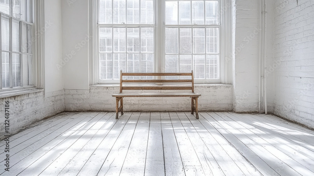 Fototapeta premium bright, empty room featuring wooden bench, large windows, and white walls. sunlight casts soft shadows on wooden floor, creating serene atmosphere