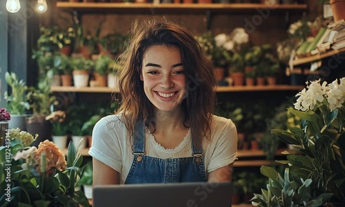 Smiling Young Woman Working on Marketing for Her Small Business in a Cozy Plant Shop