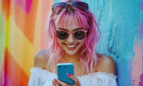 Stylish Young Woman with Pink Hair and Sunglasses Smiling While Looking at Phone Against Pastel Urban Street
