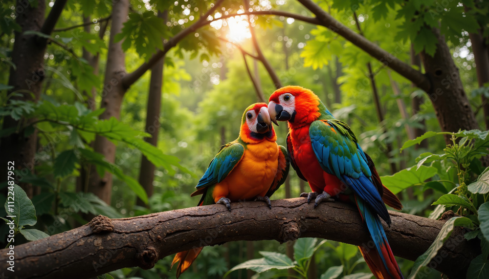 Obraz premium Pair of macaws perched on a branch in lush forest at sunrise