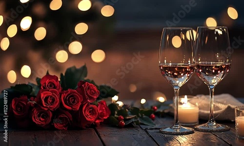 Romantic Dinner Setting with Red Roses, Wine Glasses, and Candles on Table – Perfect for Special Occasions