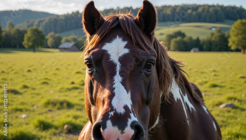 Close-up of a paint horse in a sunny countryside pasture photo