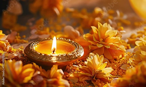 Golden Diya Lamp Illuminating Surrounded by Marigold Flowers in a Festive Setting