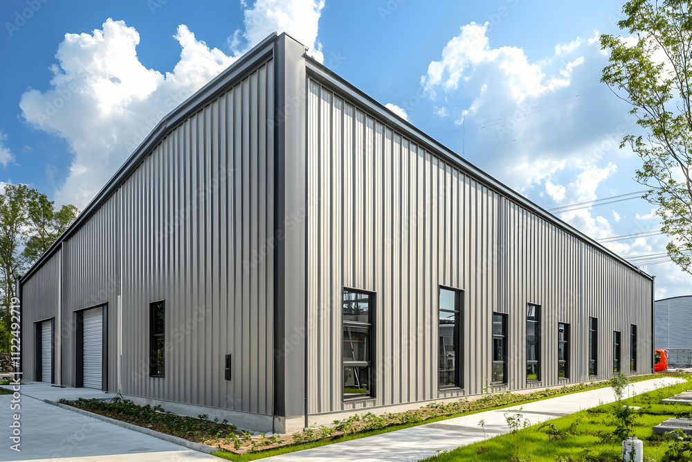Fototapeta premium A modern industrial building with a sleek metal exterior and large windows.