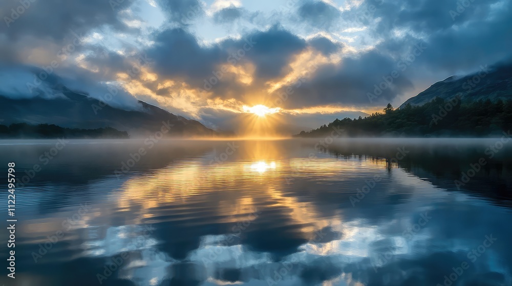 Fototapeta premium Morning light breaking through clouds, casting reflections on rippling water