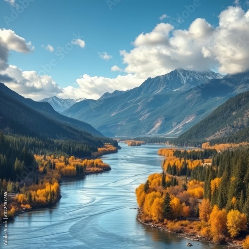 Majestic mountain landscape, winding river valley, autumn foliage, golden trees, dramatic clouds, aerial view, blue sky, snow-capped peaks, reflective water surface, ethereal light, pristine wildernes photo