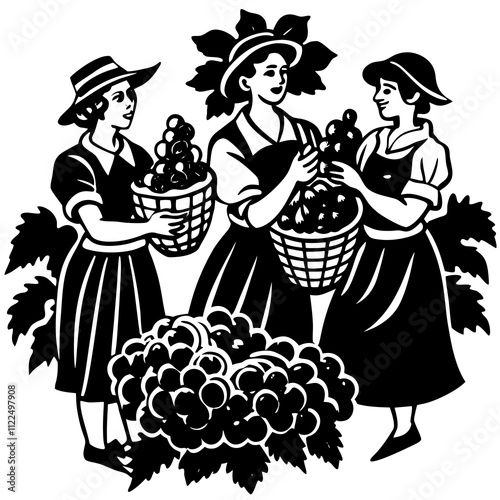 Women Harvesting Grapes Vector Illustration