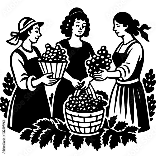 Women Harvesting Grapes Vector Illustration