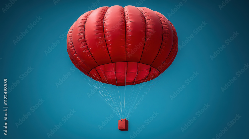 Obraz premium vibrant red parachute descends gracefully against clear blue sky, carrying gift box. This scene evokes sense of excitement and surprise, perfect for celebrations