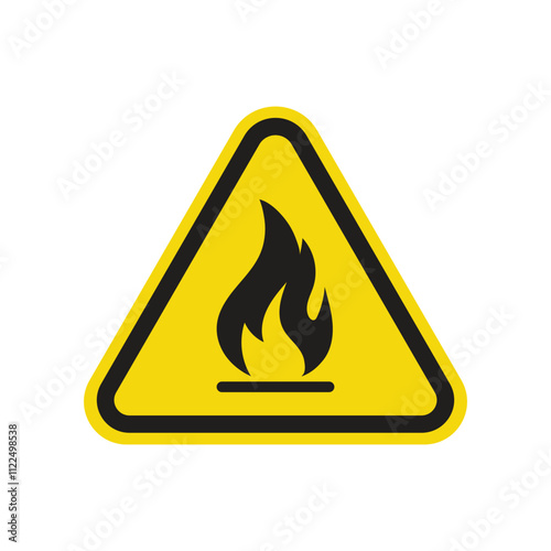 Fire warning sign isolated on white background. Fire security yellow triangle flat illustration.