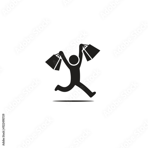 Silhouette of a joyful shopper holding bags in both hands, symbolizing a successful shopping spree. Perfect representation for retail, sales, or shopping-related themes.